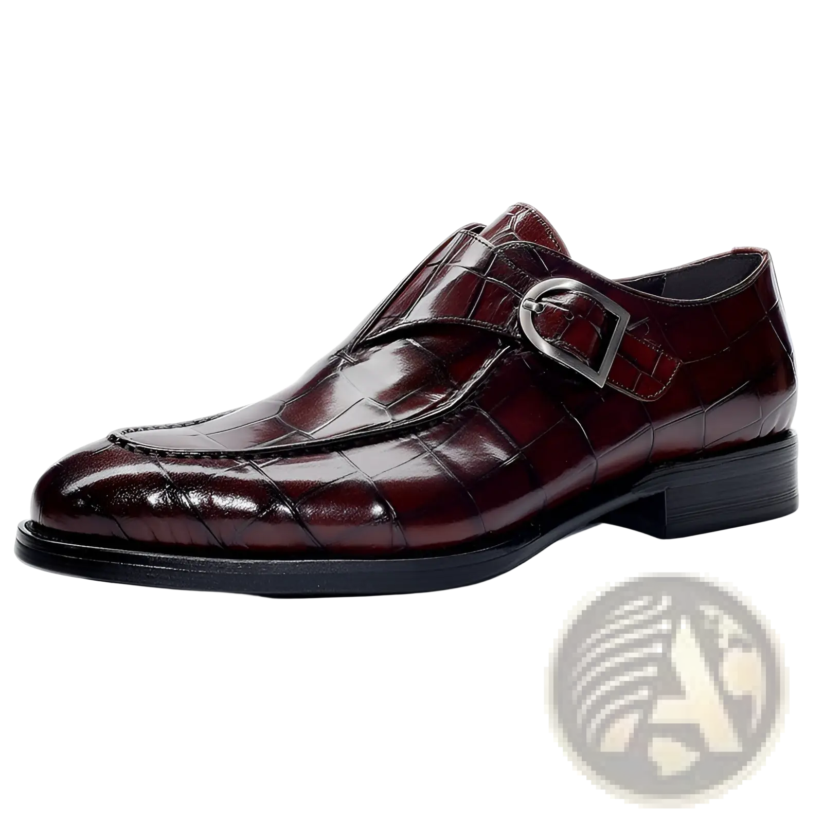 Men’s premium cowhide leather pointed toe low top shoe in burgundy crocodile embossing with silver buckle