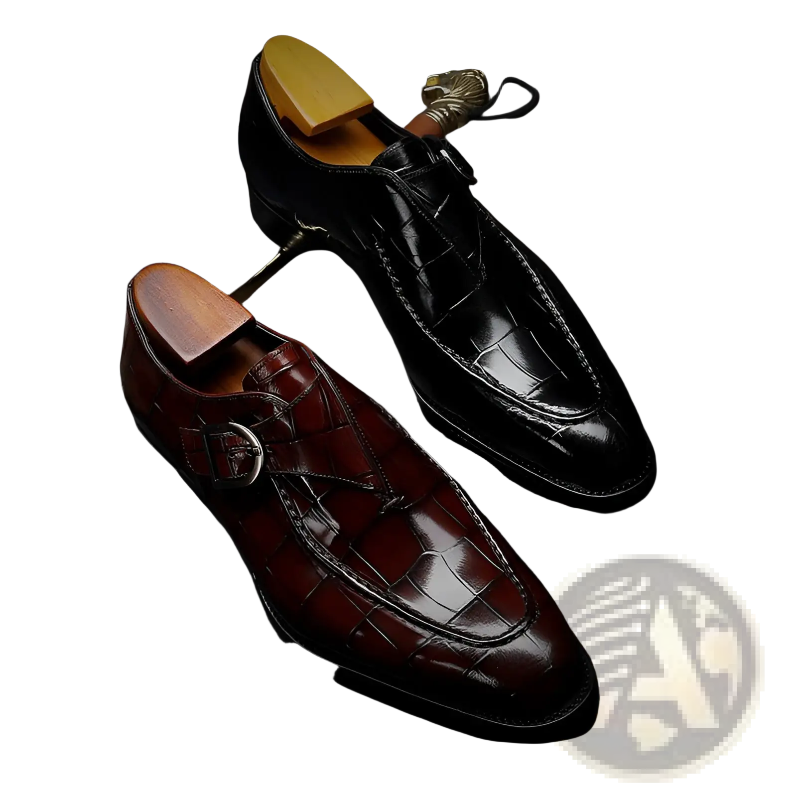 Men’s premium cowhide leather pointed toe low top shoes in burgundy and black with crocodile embossed finish and buckle design