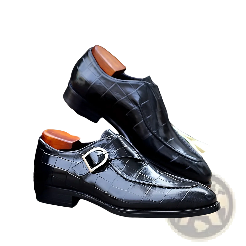 Men’s premium cowhide leather pointed toe low top shoes in black crocodile emboss with silver buckle and wooden insoles