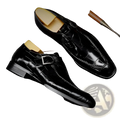 Men’s premium cowhide leather pointed toe low top shoes with black crocodile-embossed leather and silver buckle