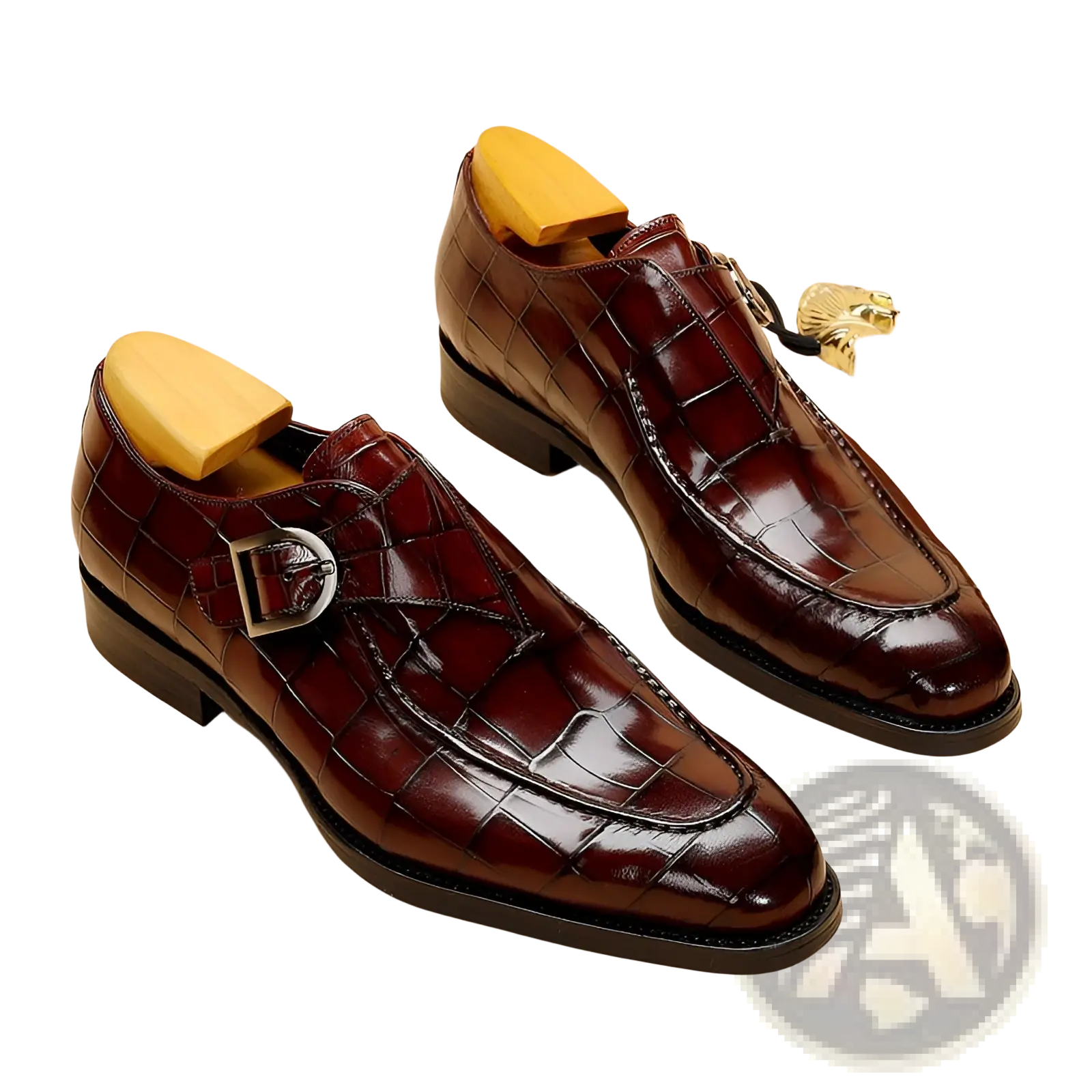 Men’s premium cowhide leather pointed toe low top shoes in burgundy crocodile-embossed with silver monk strap buckle