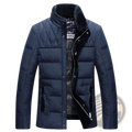 Men’s premium dark blue quilted down winter jacket with plush black fur-lined collar and plaid inner lining