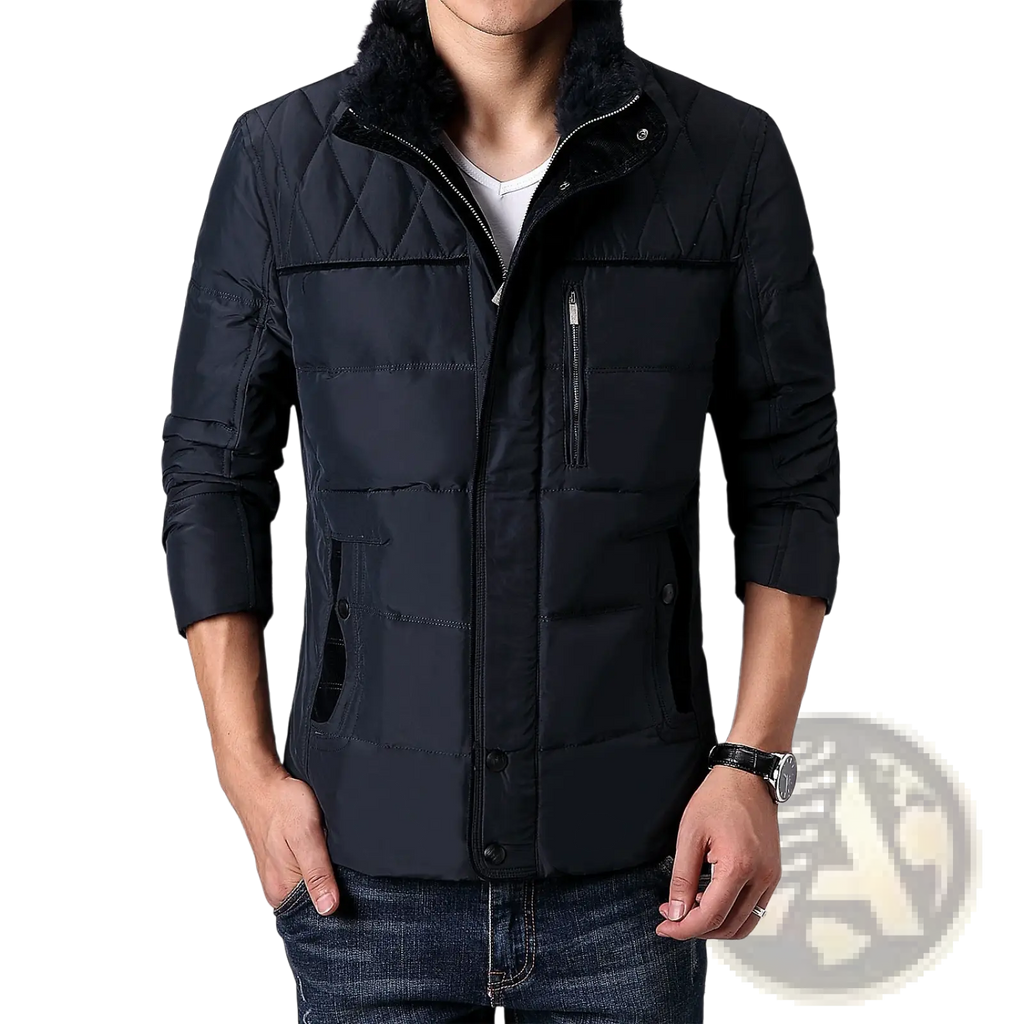Men’s premium black quilted down winter jacket with plush fur-lined collar and front zipper closure
