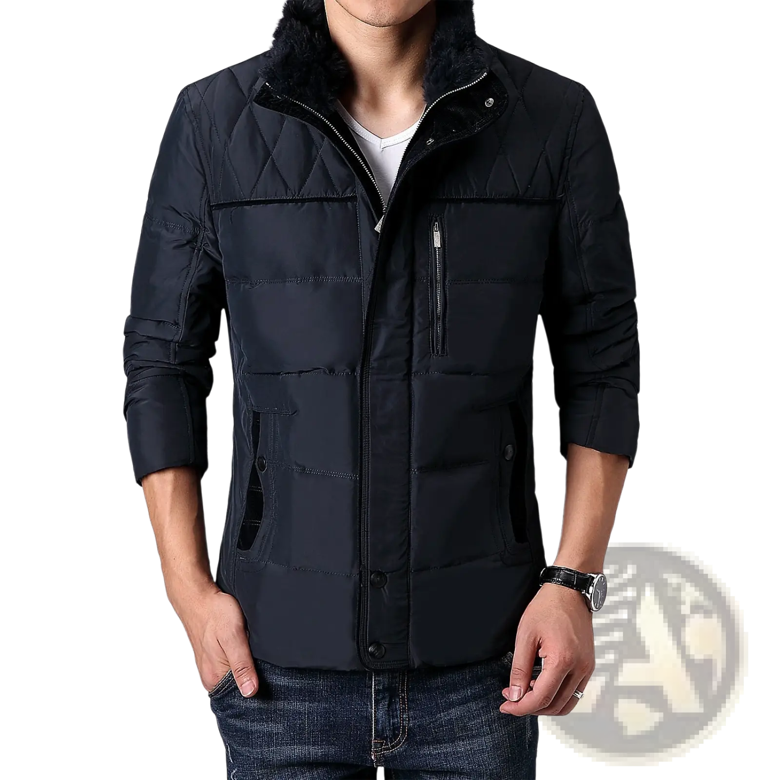Men’s premium black quilted down winter jacket with plush fur-lined collar and front zipper closure