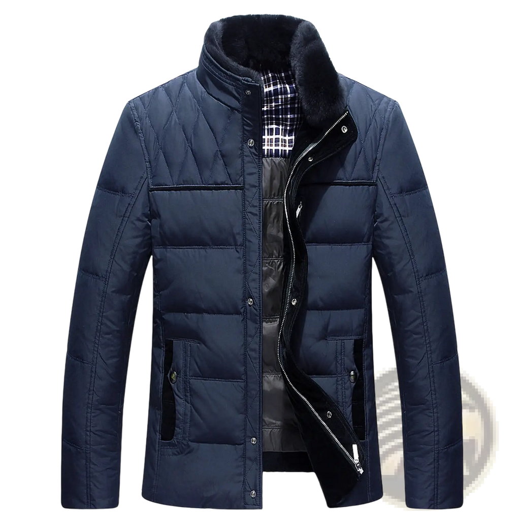 Dark blue quilted men’s winter jacket with a plush black fur-lined collar and plaid inner lining.