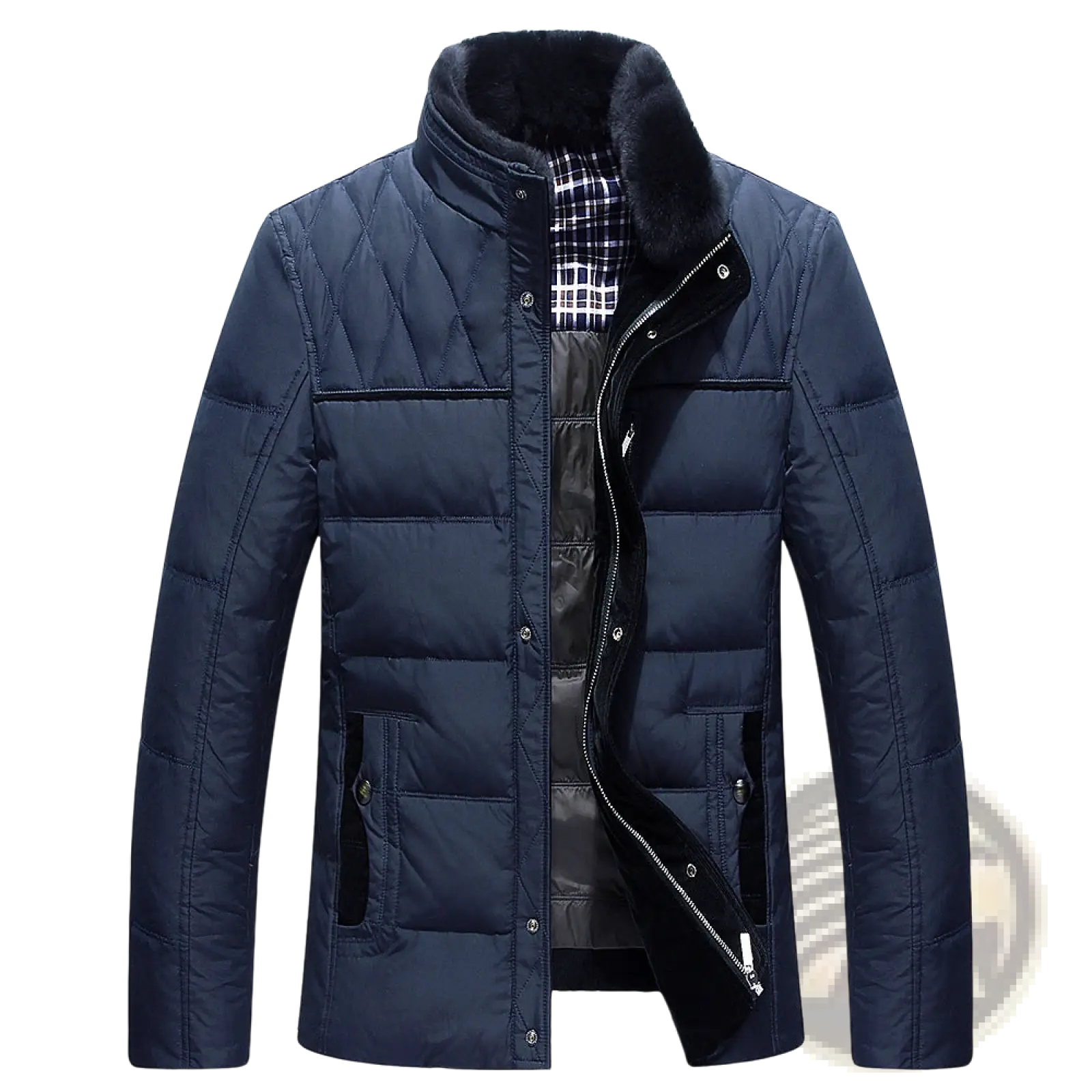 Dark blue quilted men’s winter jacket with a plush black fur-lined collar and plaid inner lining.