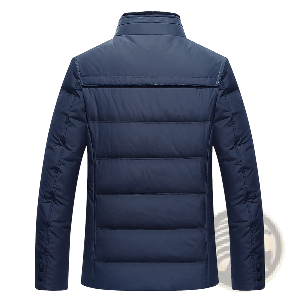 Dark navy blue quilted puffer jacket with fur lining, stand-up collar, and buttoned cuffs for men