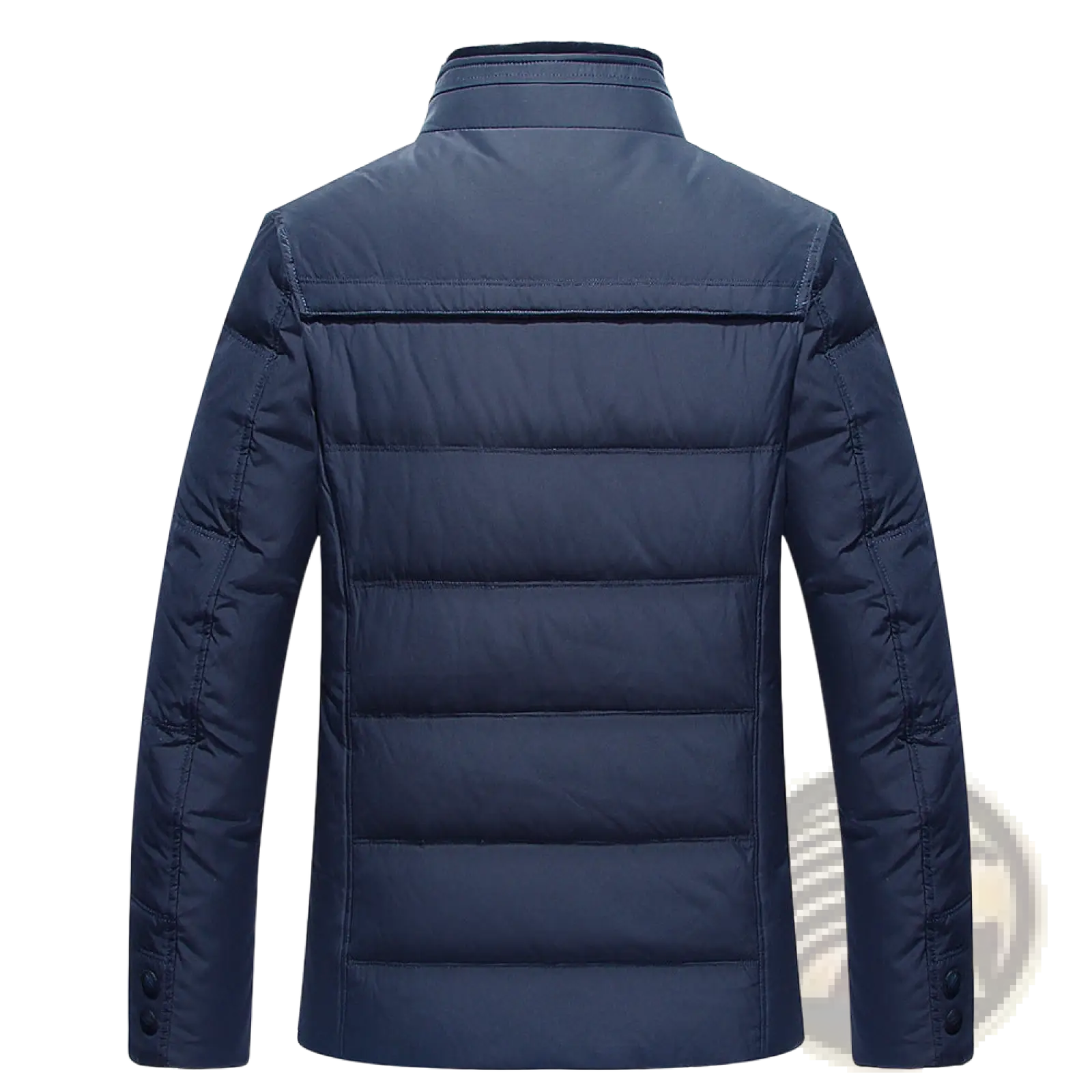 Dark navy blue quilted puffer jacket with fur lining, stand-up collar, and buttoned cuffs for men