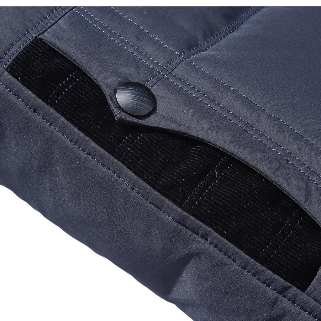 Men’s premium fur lined quilted down winter jacket in dark navy with black corduroy lining and metallic button closure