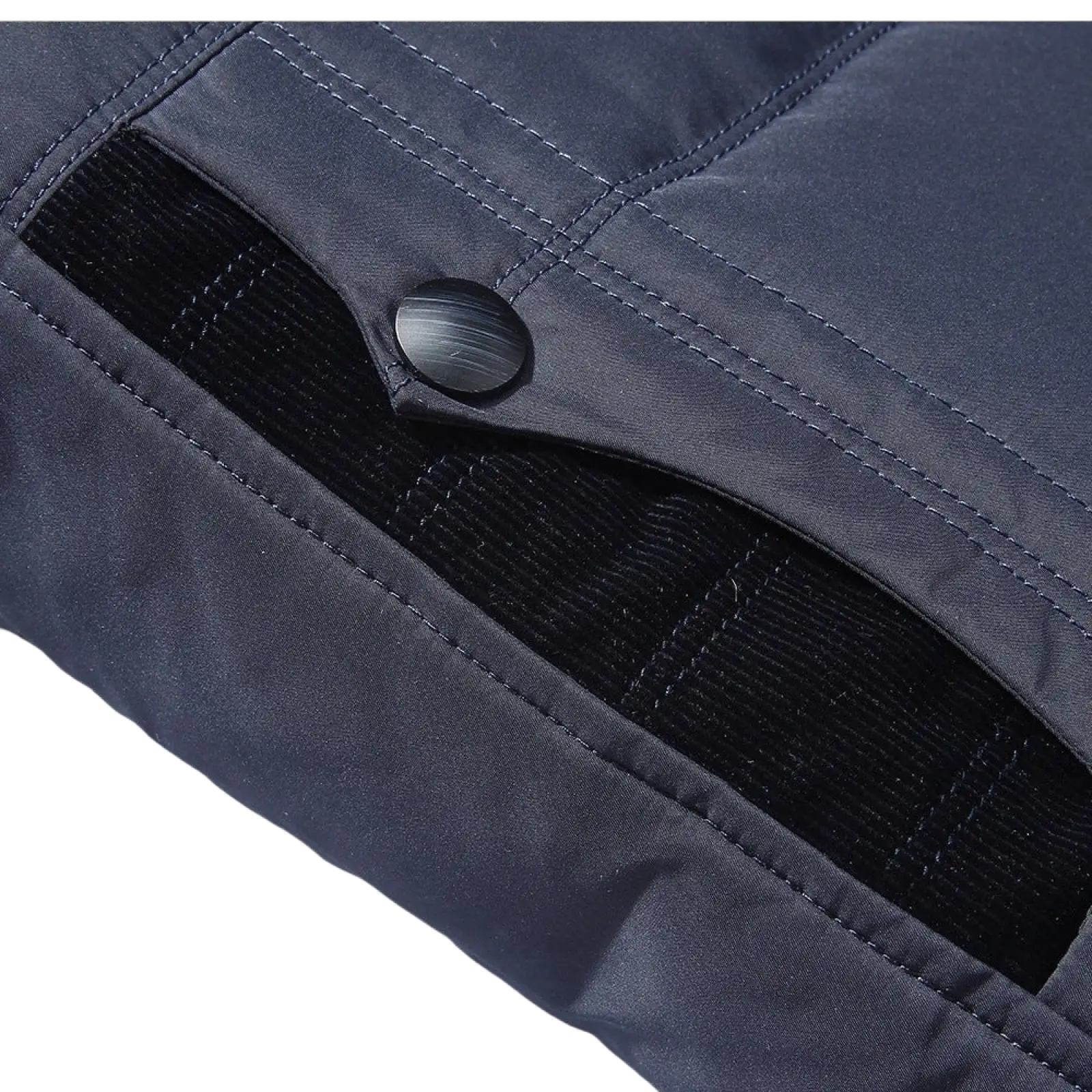 Men’s premium fur lined quilted down winter jacket in dark navy with black corduroy lining and metallic button closure