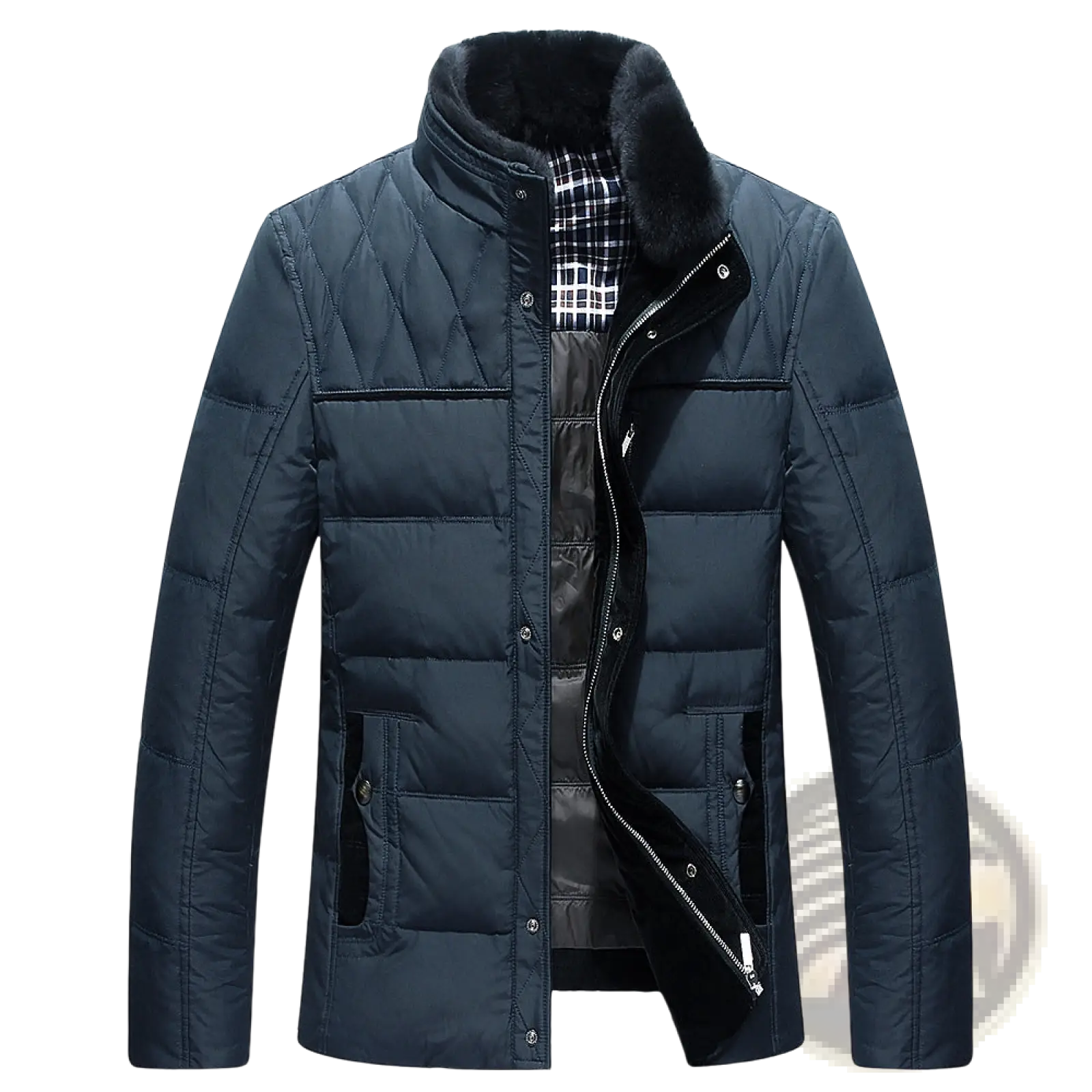 Men’s premium fur lined quilted down winter jacket in dark blue with plush black fur collar and plaid inner lining