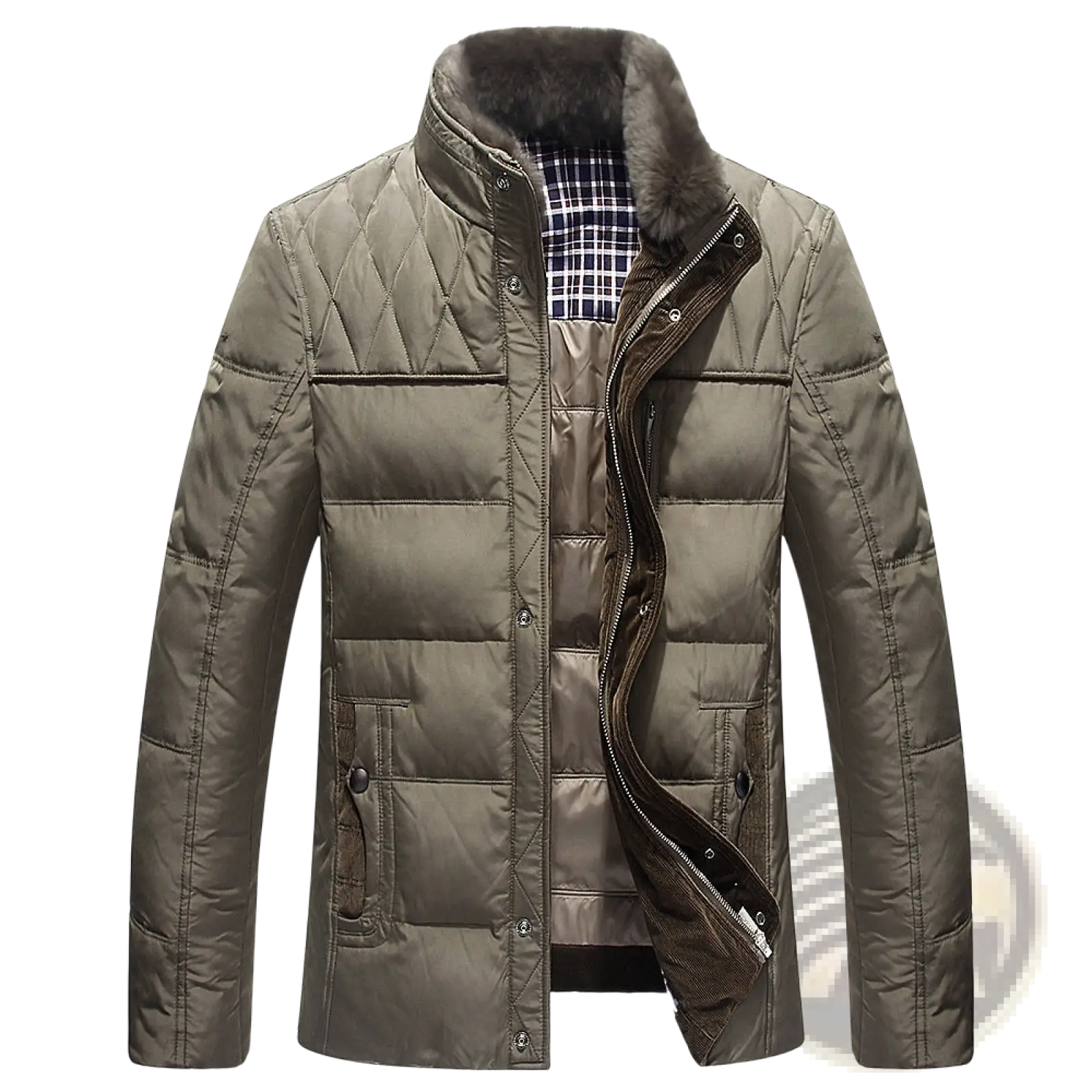 Men’s premium olive green quilted down winter jacket with plush fur lined collar and plaid inner lining