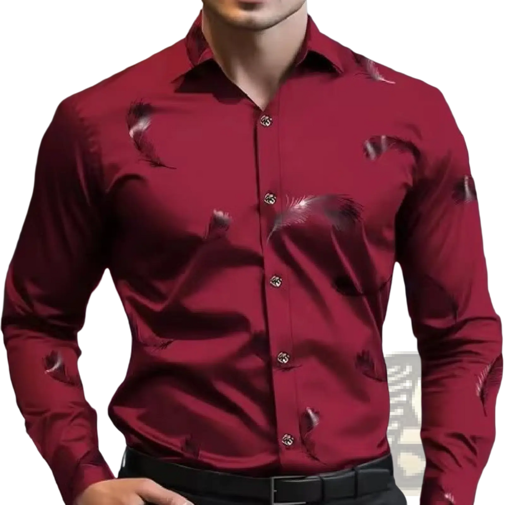 Men’s premium burgundy dress shirt with subtle feather print and silver-toned buttons long sleeve button down