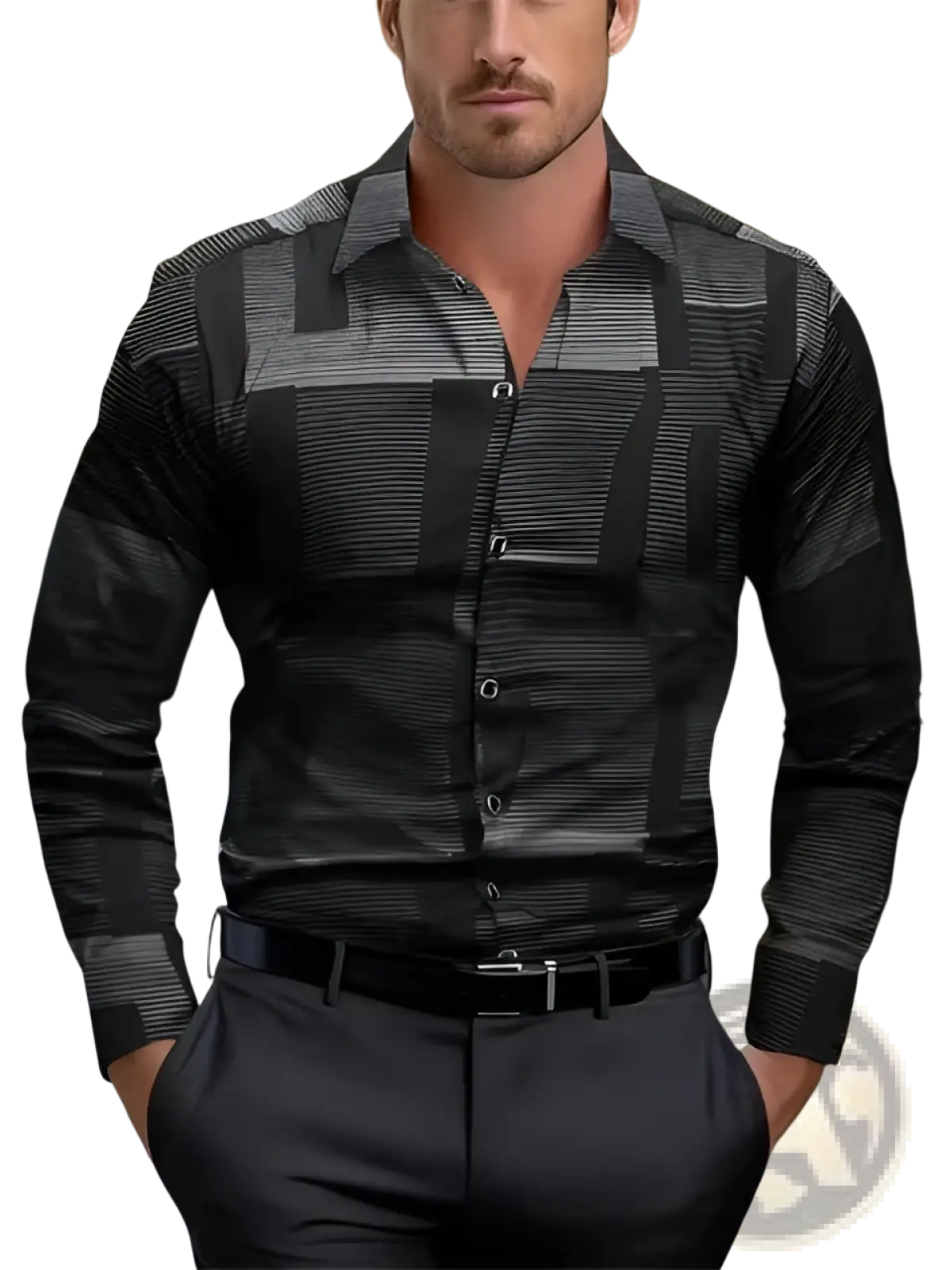 Men’s premium long sleeve button down shirt in black and gray with a sleek geometric pattern design