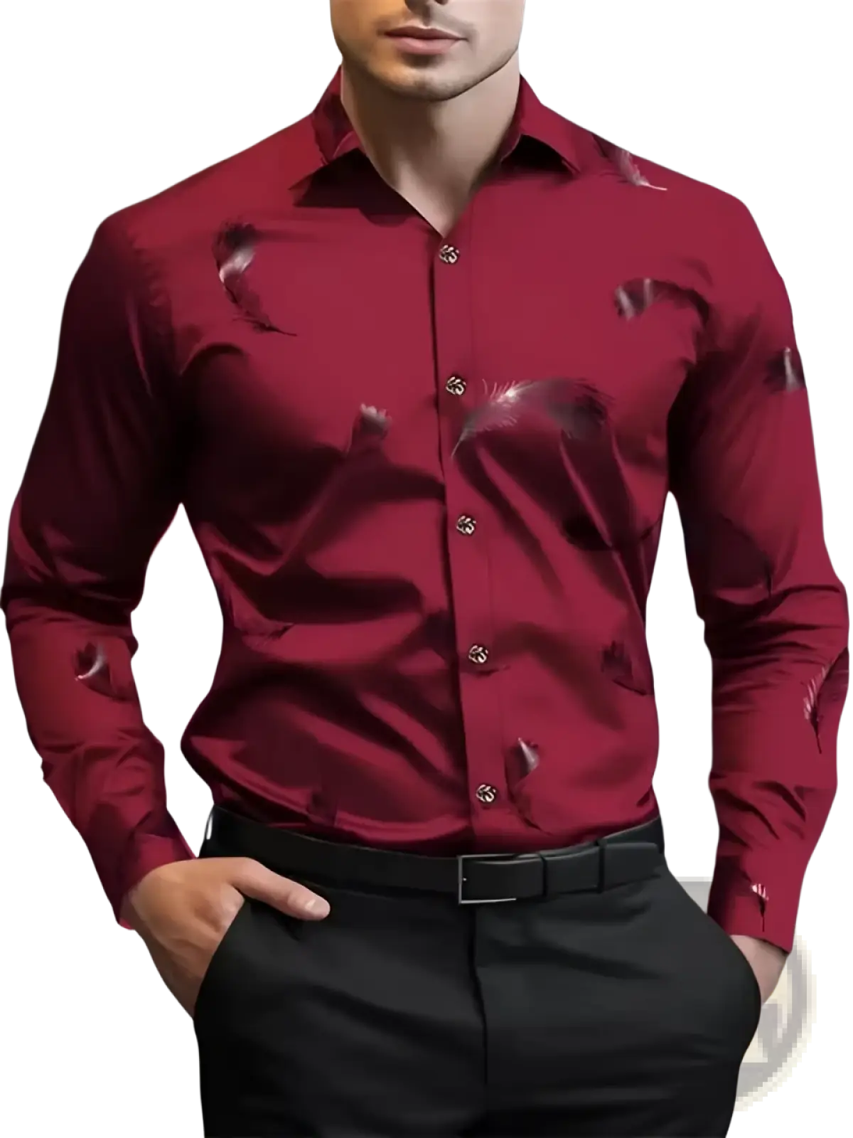 Men’s premium long sleeve button down dress shirt in rich red with subtle feather pattern and silver toned buttons