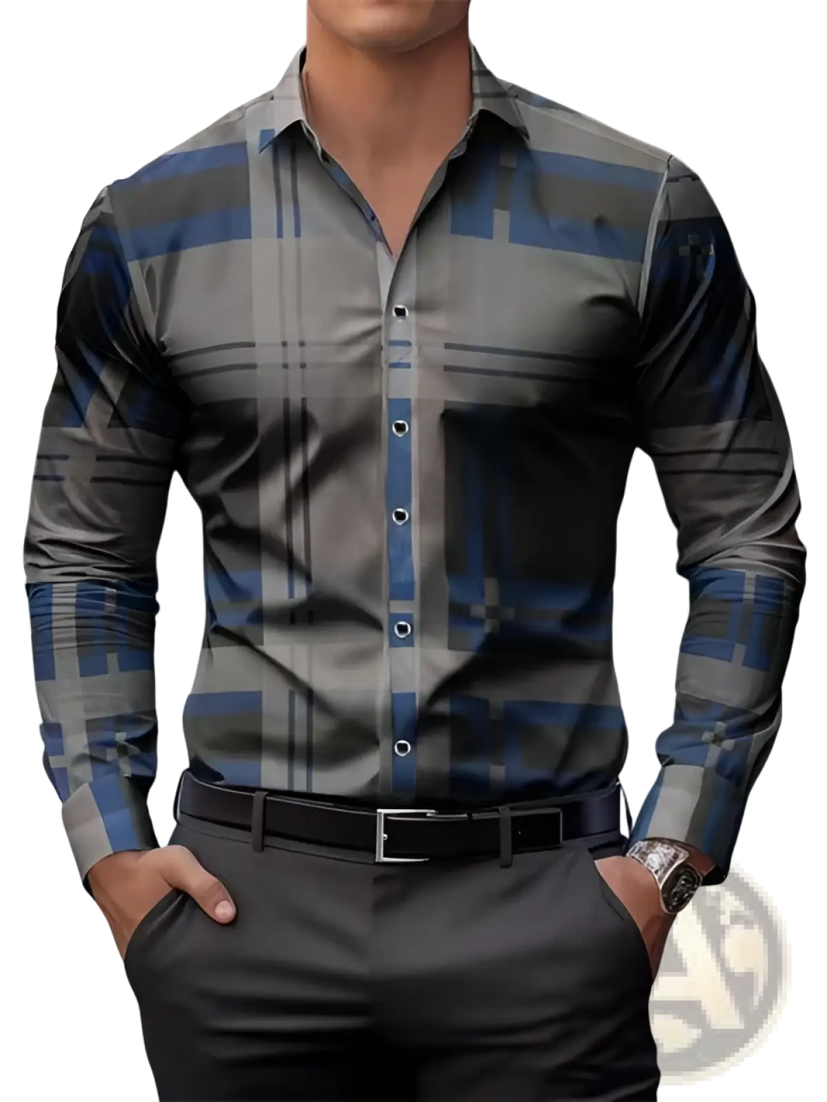 Men’s premium long sleeve button down shirt with modern geometric plaid pattern in gray and blue and sleek collar