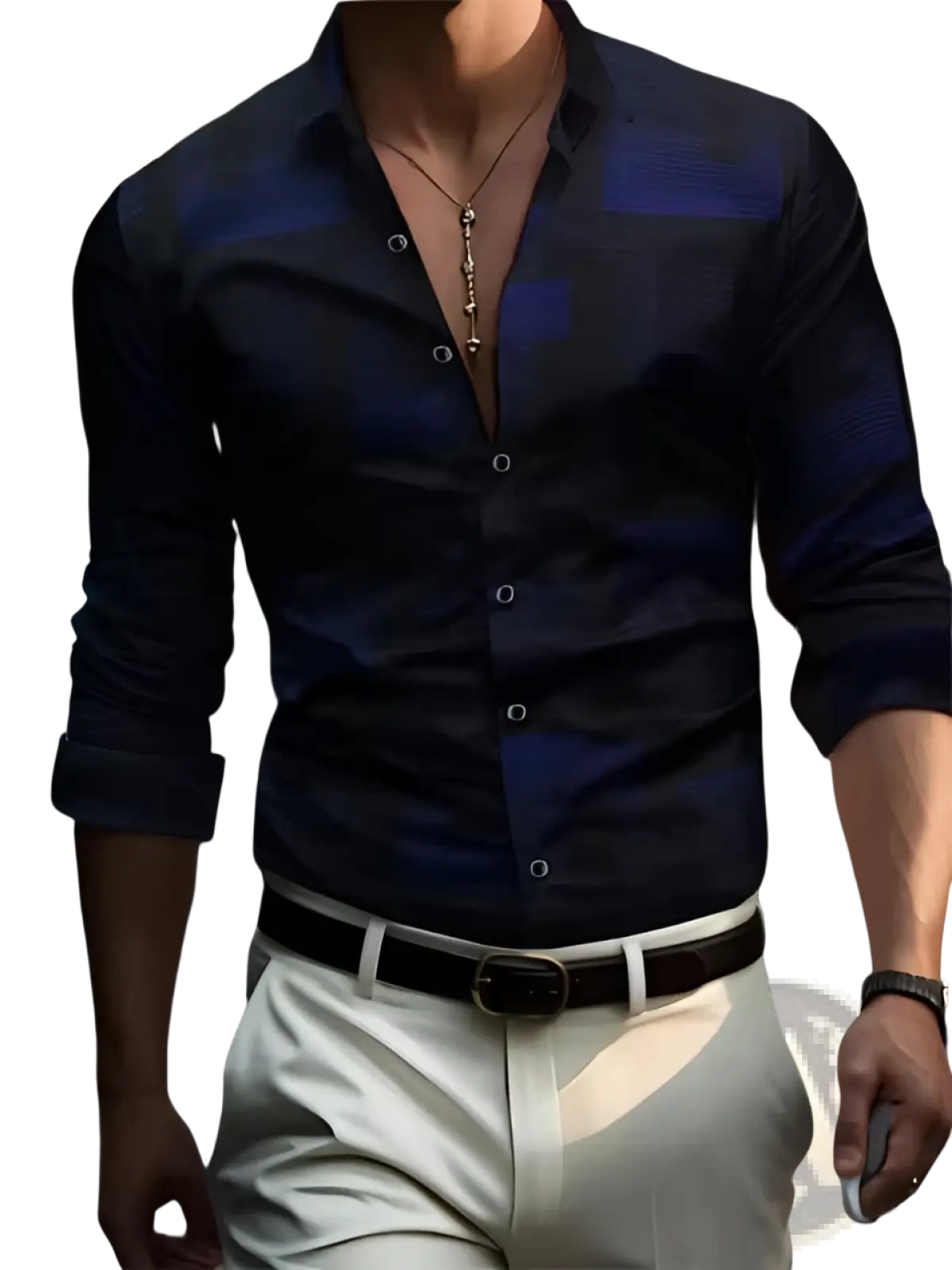Men’s premium long sleeve button down shirt in dark blue with subtle textured geometric pattern and rolled-up sleeves