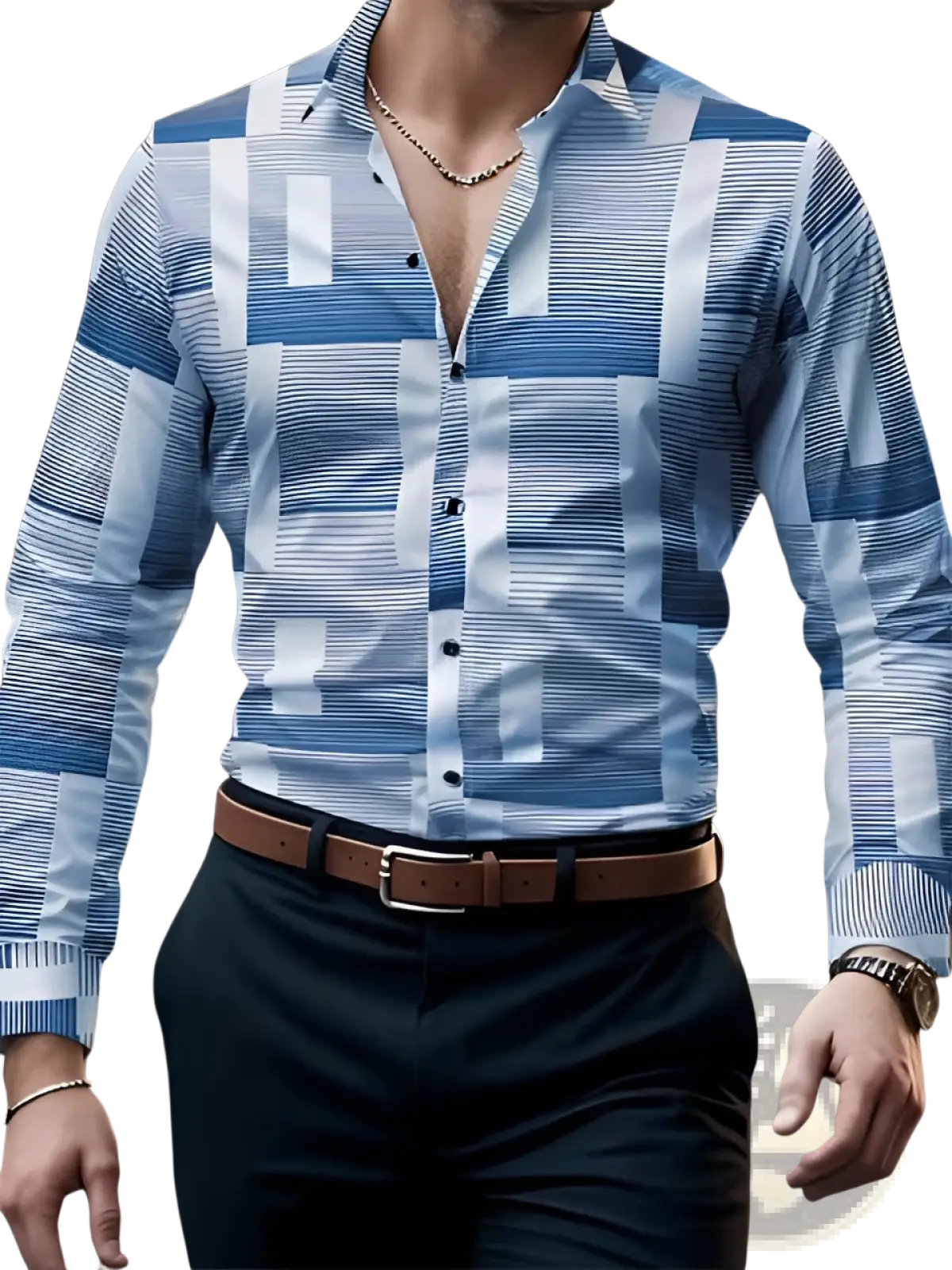 Men’s premium blue and white geometric patterned long sleeve button down shirt made of breathable fabric