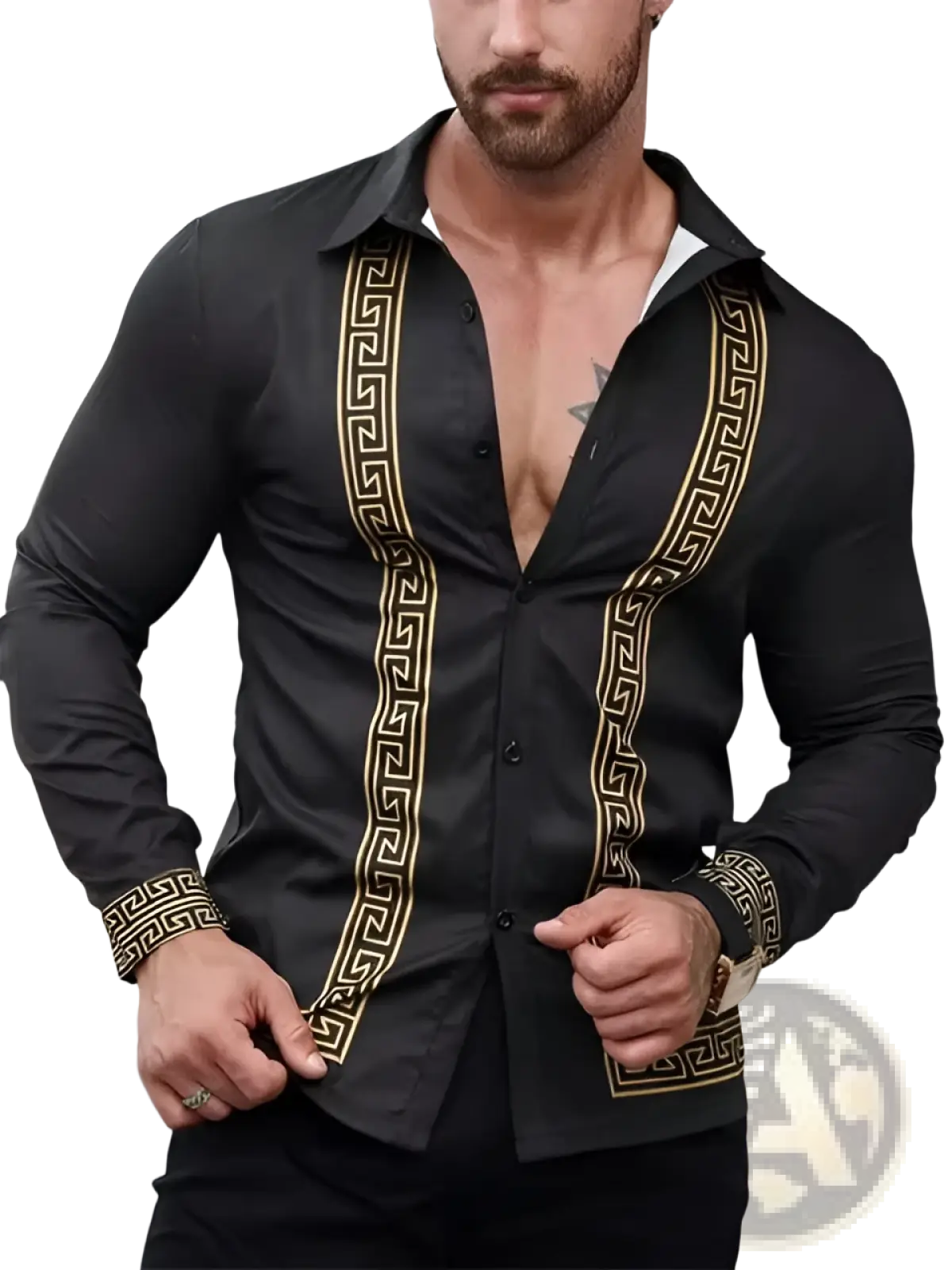 Black men’s premium long sleeve button down shirt with gold greek key pattern trim on placket cuffs and collar