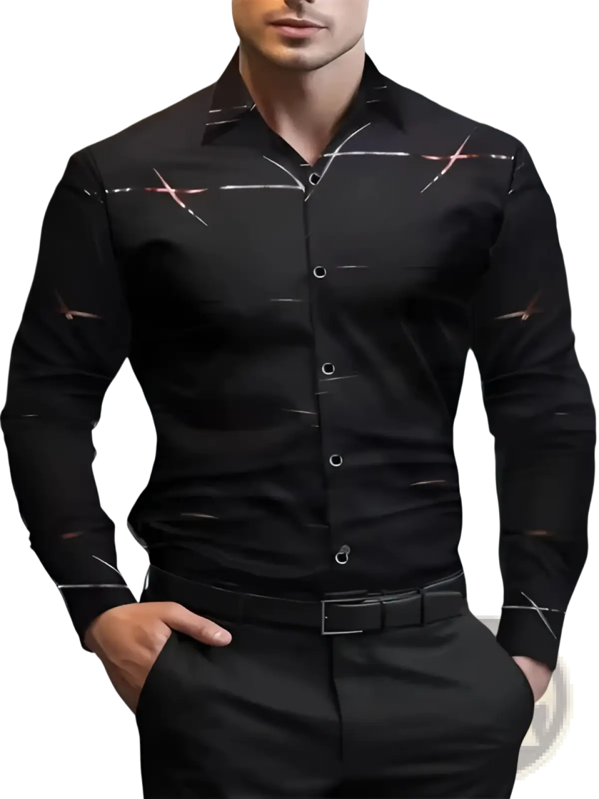 Men’s premium black long-sleeved button down shirt with subtle white and red geometric line patterns