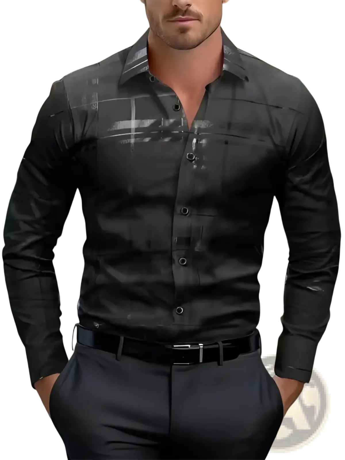 Men’s premium black long-sleeved button-down shirt with subtle gray grid pattern across the chest