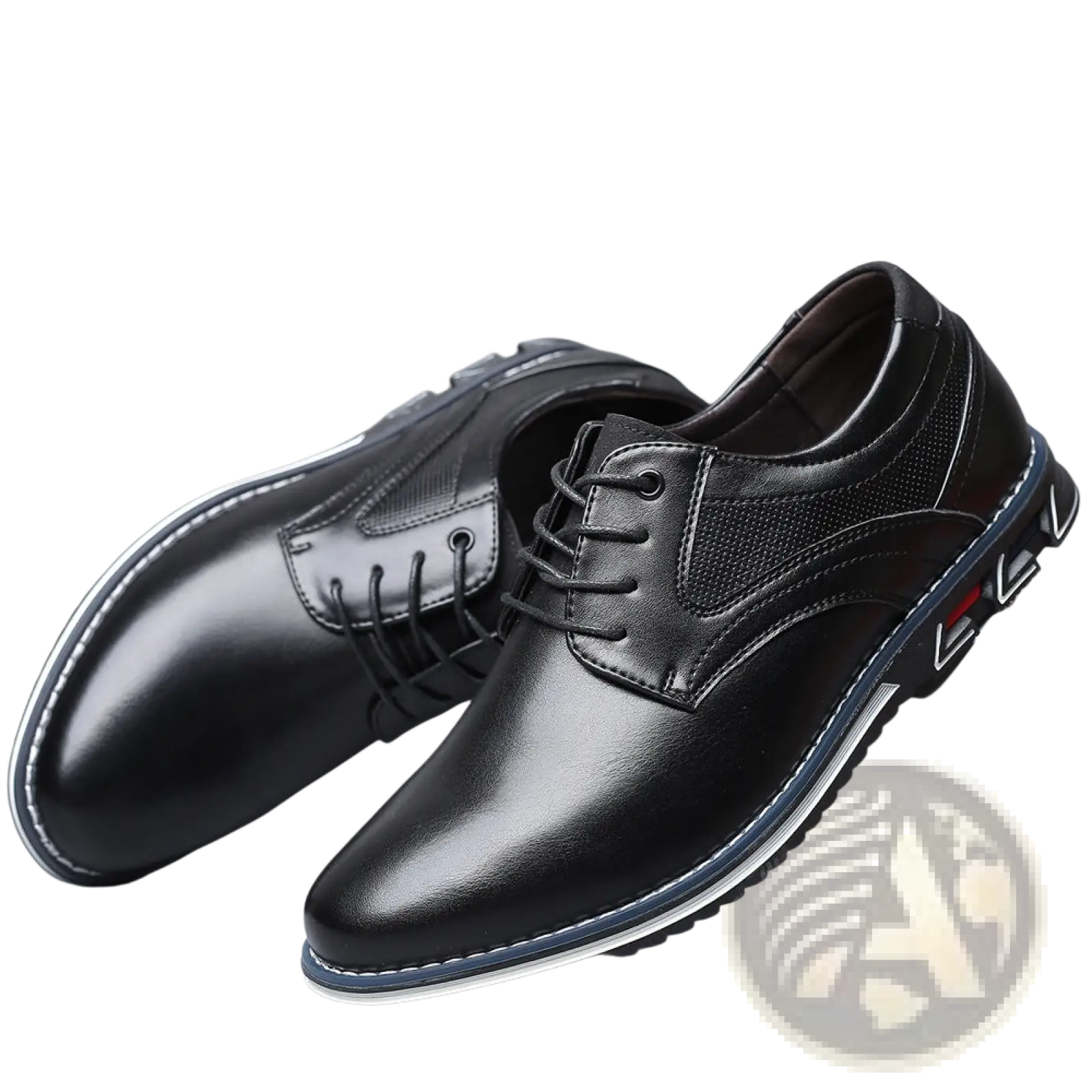 Black leather lace-up dress shoes with polished finish and subtle perforated detailing on side panels for men