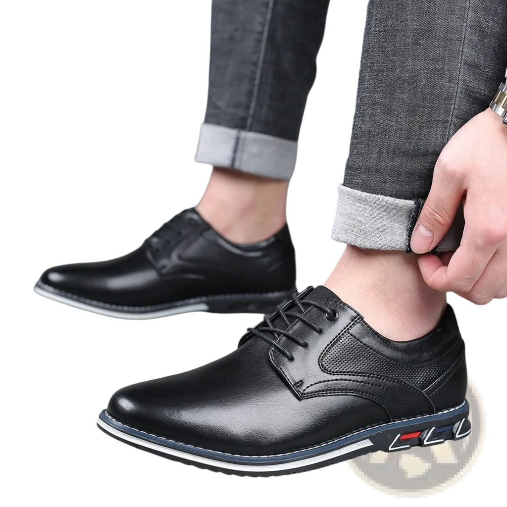 Men’s premium black pu leather lace-up casual dress shoes with textured side panel and white and blue rubber sole