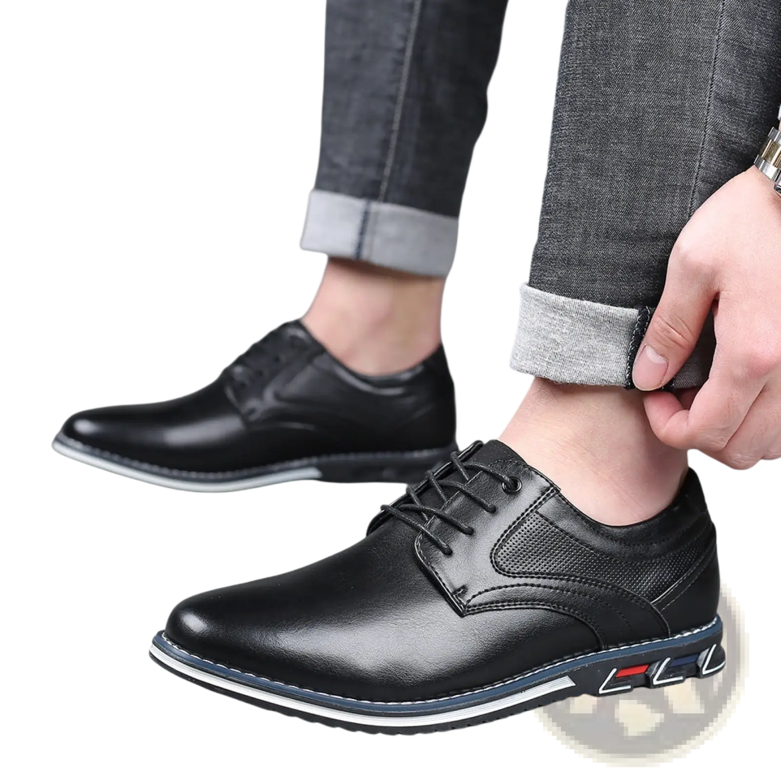 Men’s premium black pu leather lace-up casual dress shoes with textured side panel and white and blue rubber sole