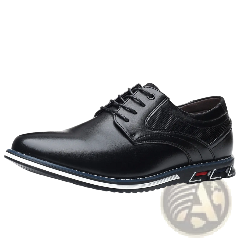 Men’s premium black pu leather lace up casual dress shoe with sleek pointed toe and white stitching along the sole