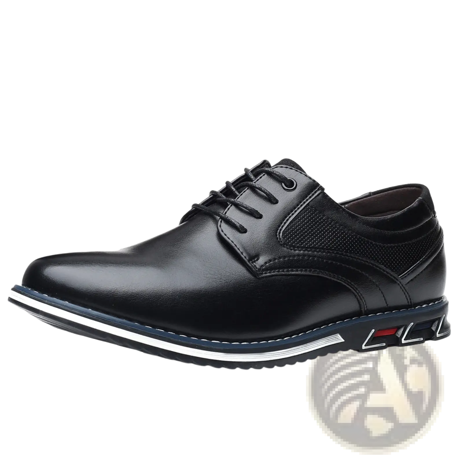Men’s premium black pu leather lace up casual dress shoe with sleek pointed toe and white stitching along the sole