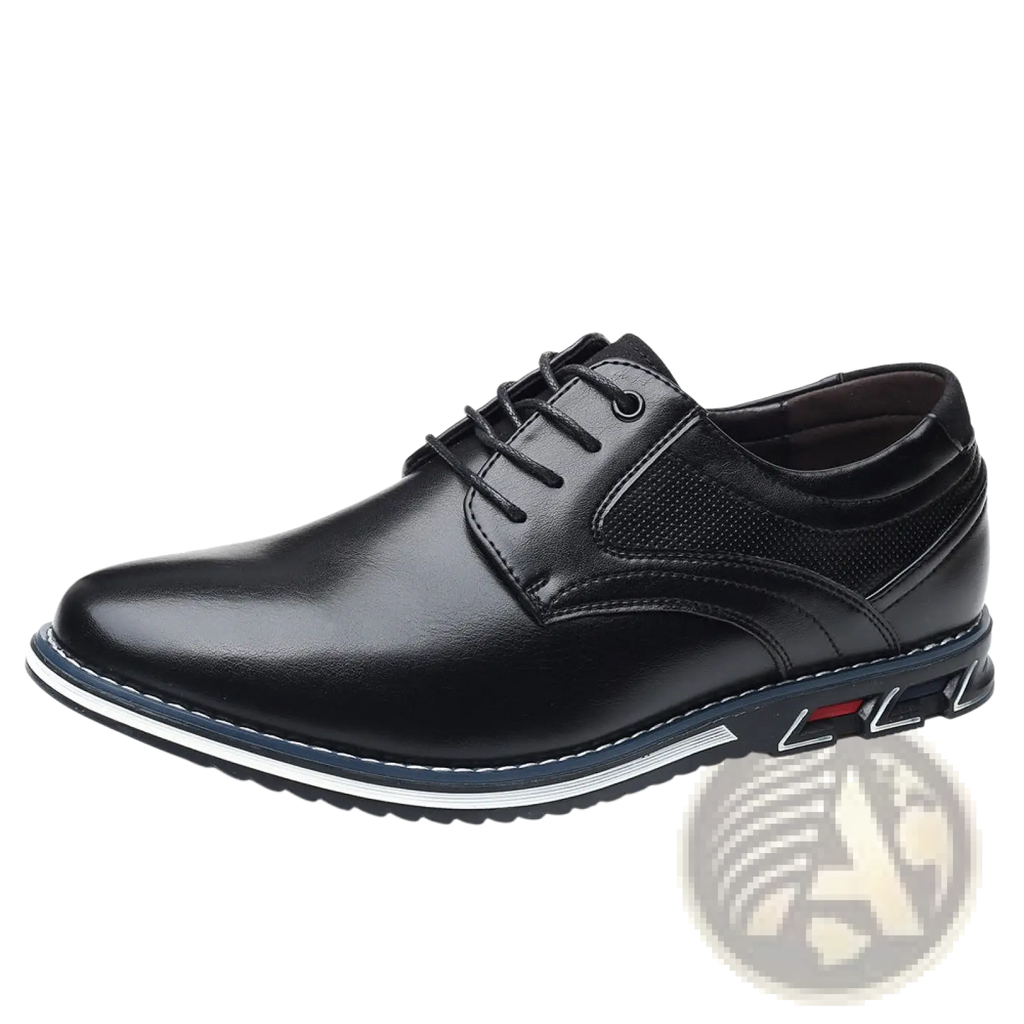 Men’s premium black pu leather lace-up dress shoe with textured mesh side panel and white-stitched sole