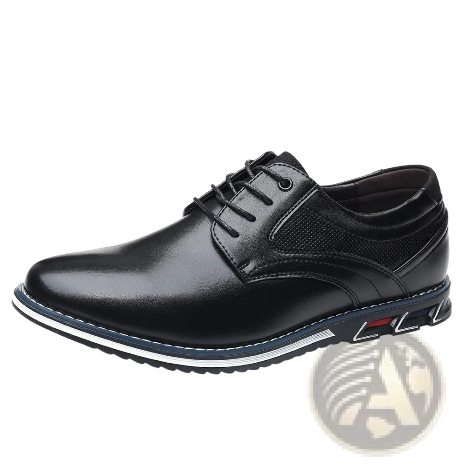 Men’s premium black pu leather lace-up dress shoe with textured mesh side panel and white-stitched sole