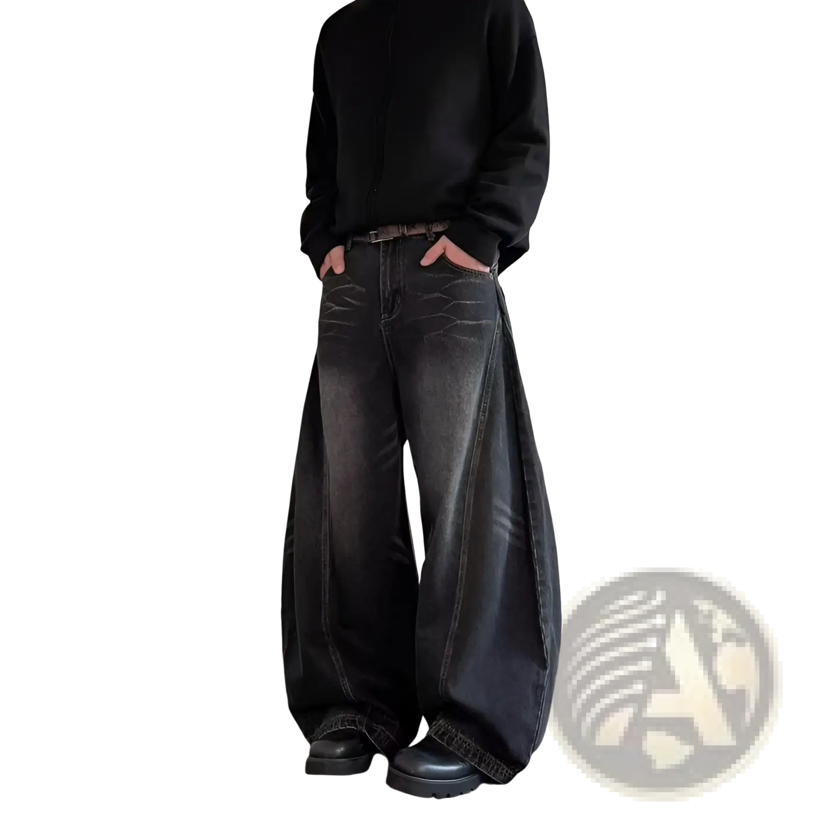 Men’s premium relaxed wide leg denim jeans in black with faded distressed look and visible stitching details