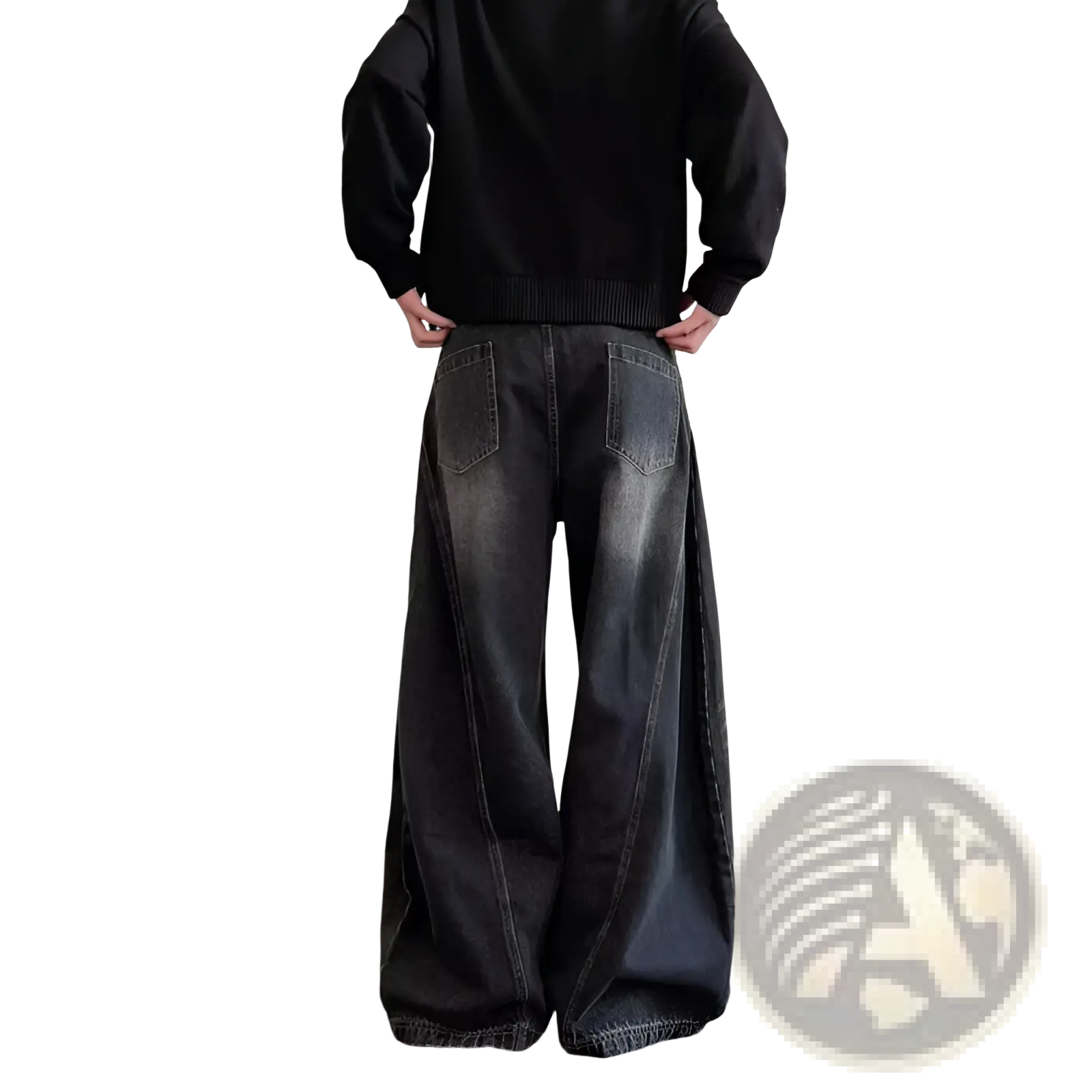 Men’s premium relaxed wide leg denim jeans in black with a faded distressed finish and visible stitching details