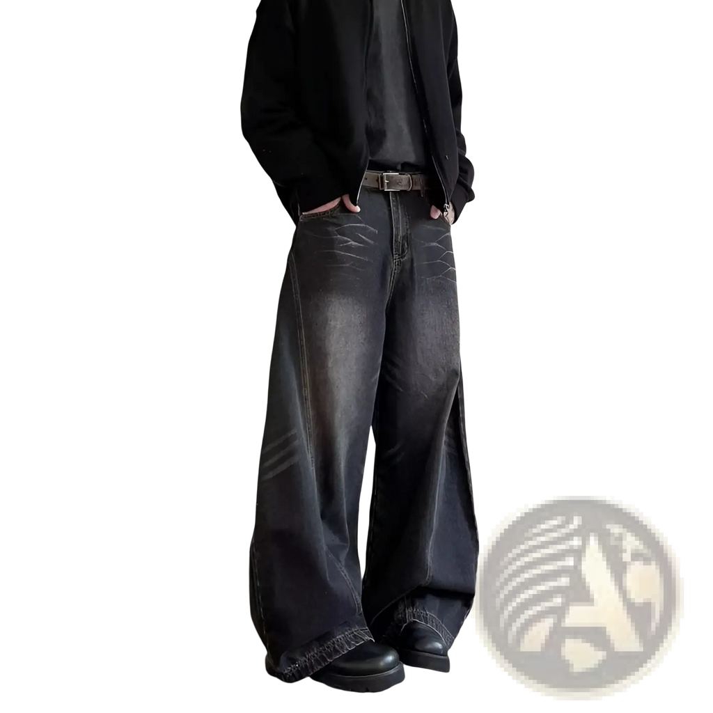 Men’s premium relaxed wide leg denim jeans in dark-wash with faded and distressed texture