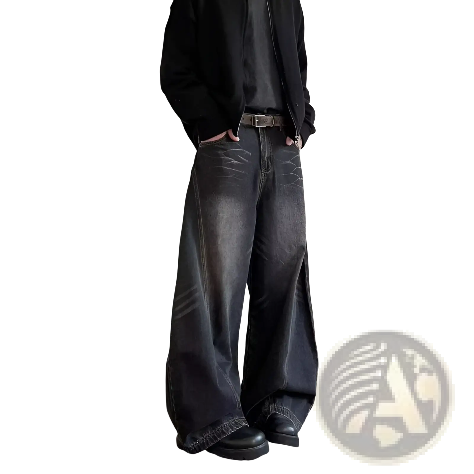 Men’s premium relaxed wide leg denim jeans in dark-wash with faded and distressed texture