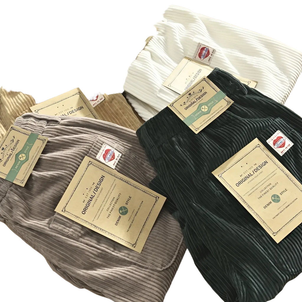 A collection of men’s premium ribbed corduroy drawstring shorts in beige white gray and dark green hues with branded tags