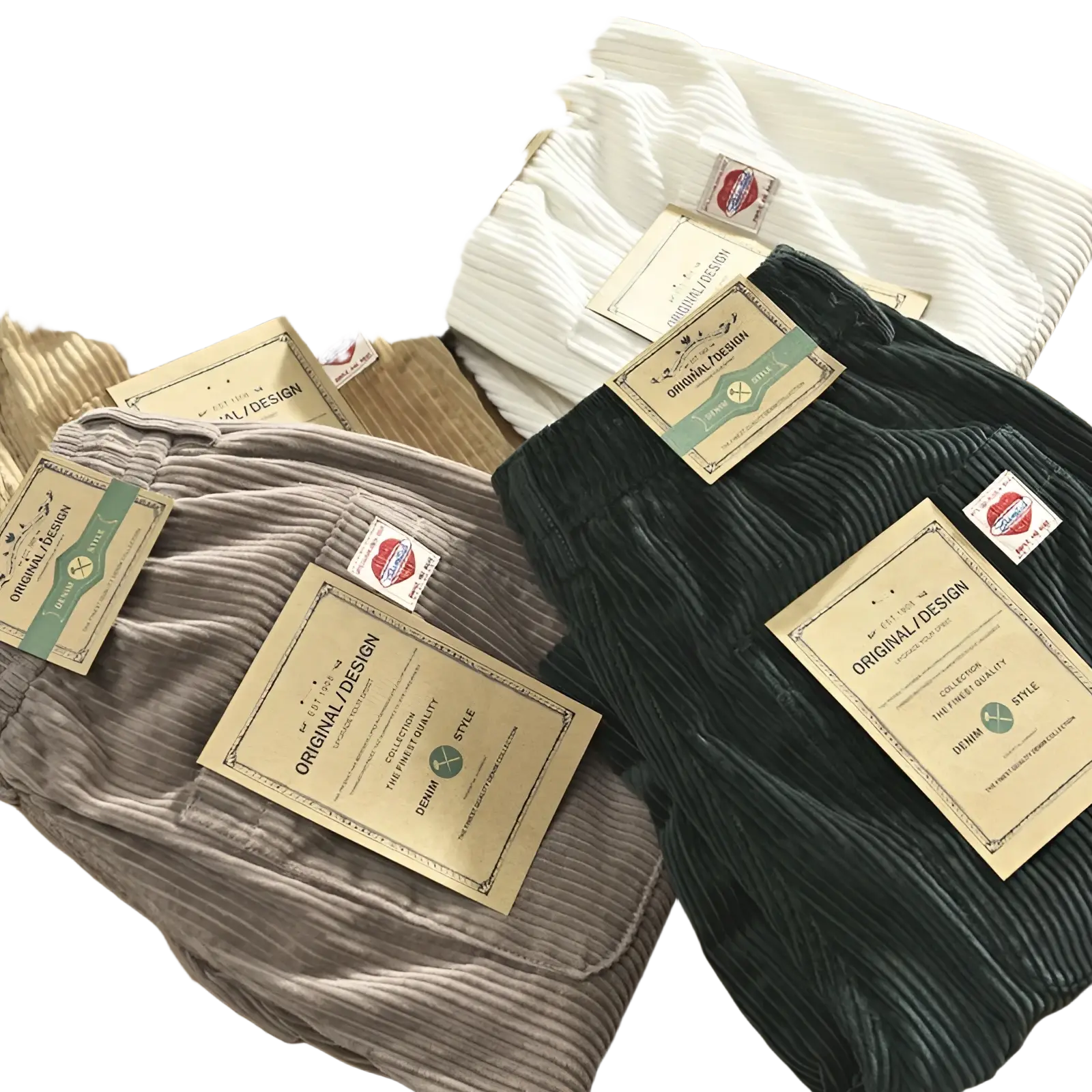 A collection of men’s premium ribbed corduroy drawstring shorts in beige white gray and dark green hues with branded tags