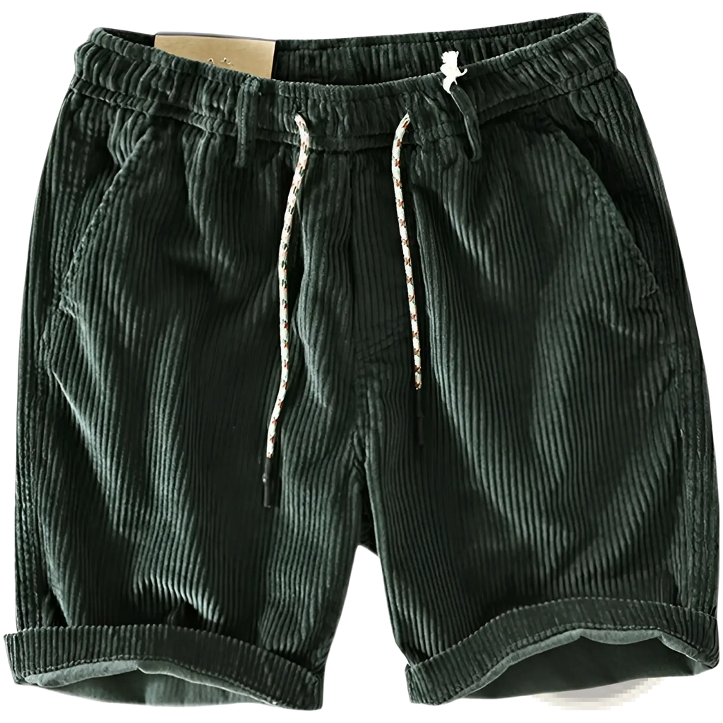 Men’s premium ribbed corduroy drawstring shorts in dark green with rolled cuffs and a comfortable waistband