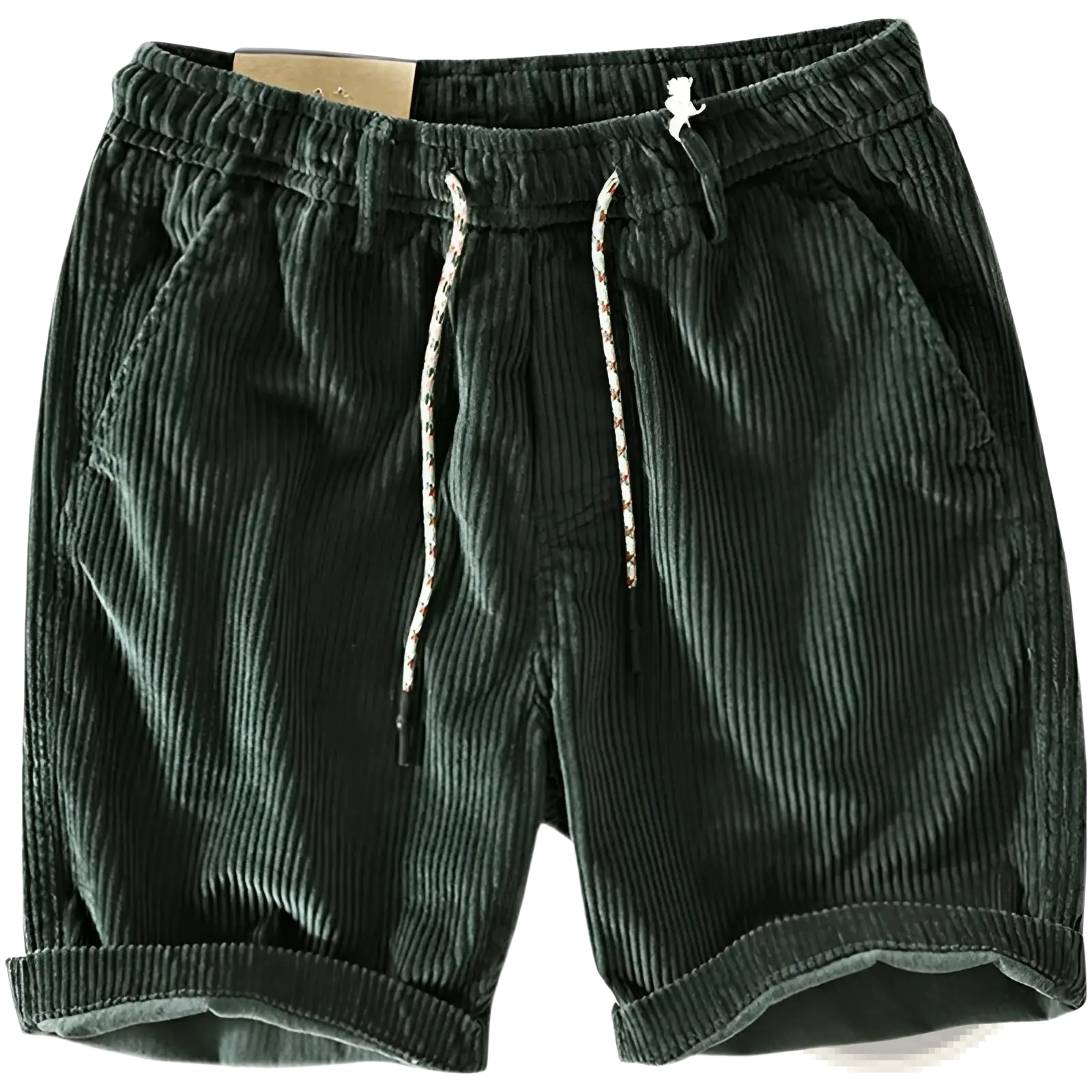 Men’s premium ribbed corduroy drawstring shorts in dark green with rolled cuffs and a comfortable waistband