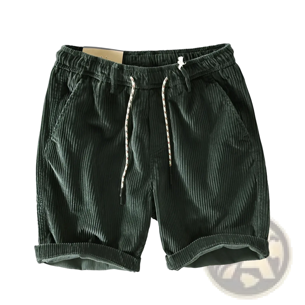 Men’s premium ribbed corduroy drawstring shorts in dark green with a waistband and rolled cuffs