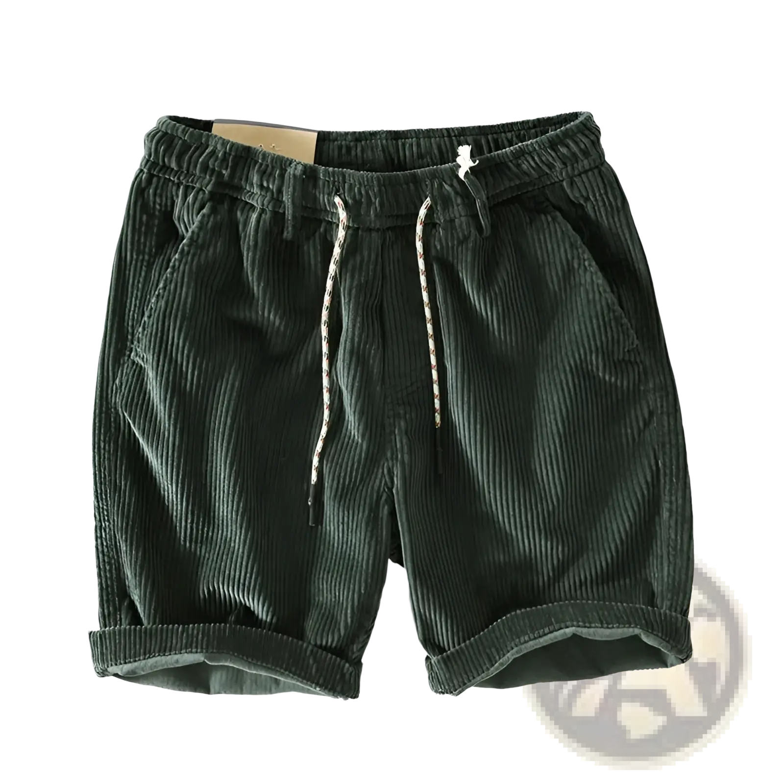 Men’s premium ribbed corduroy drawstring shorts in dark green with a waistband and rolled cuffs