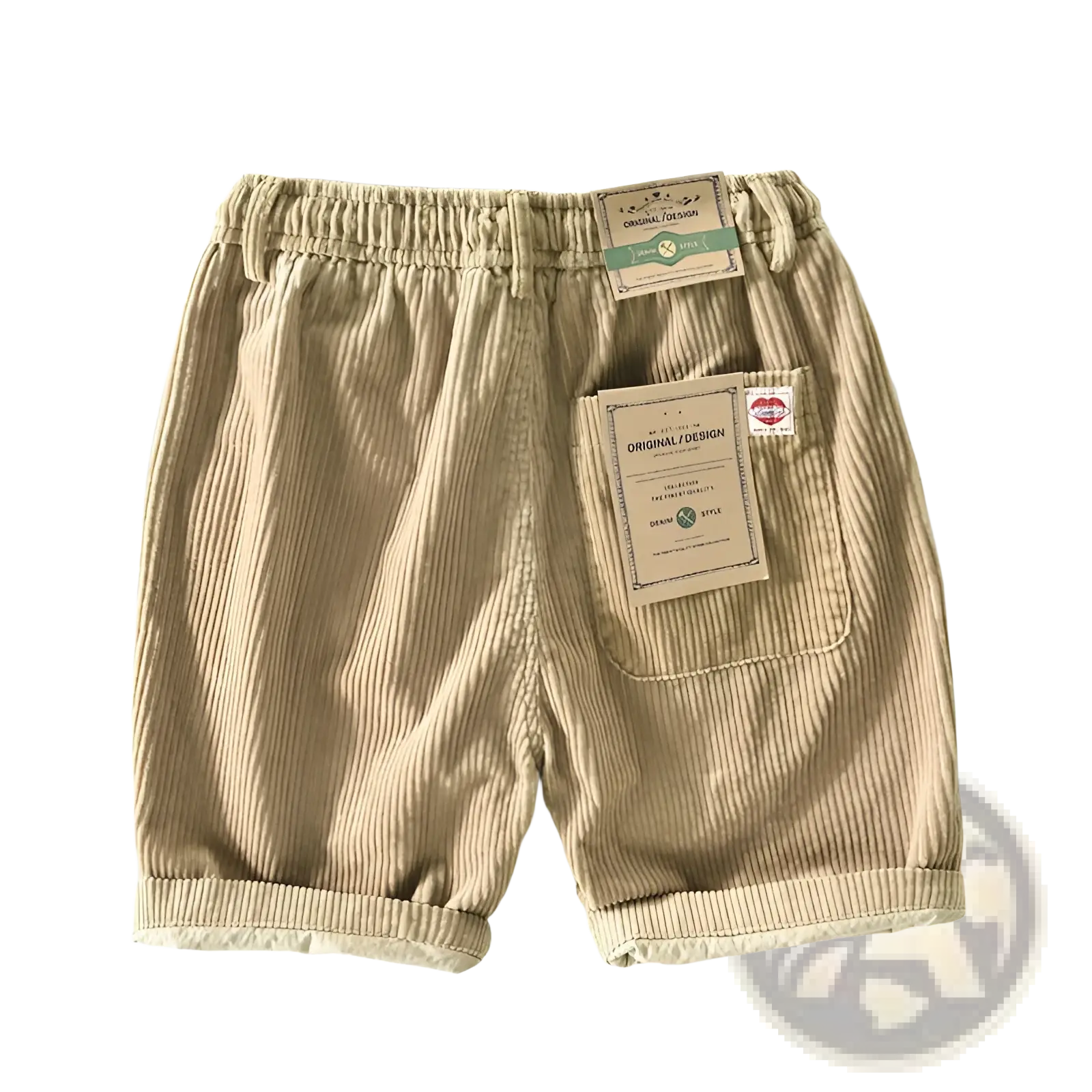 Beige men’s premium ribbed corduroy drawstring shorts with elastic waistband and textured fabric