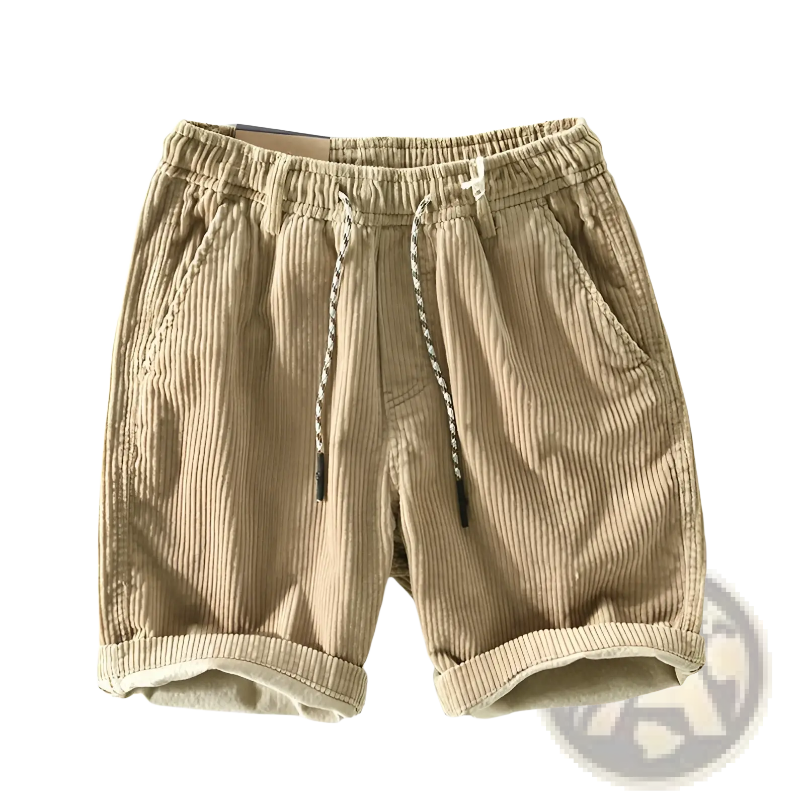 Beige men’s premium ribbed corduroy shorts with a drawstring waist and rolled cuffs