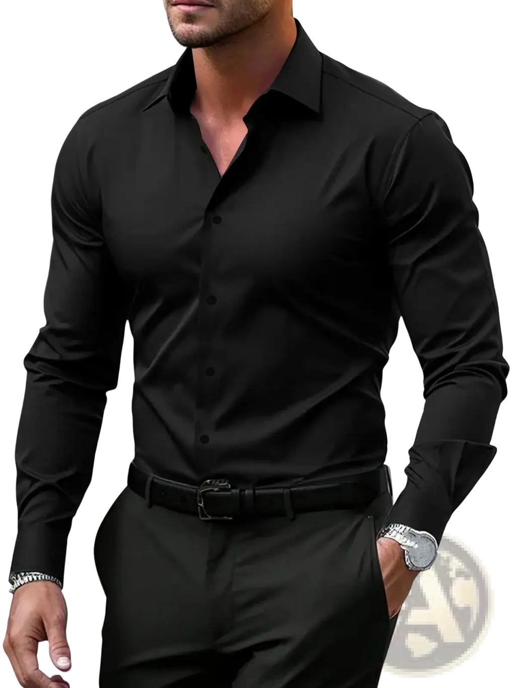 Men’s premium slim fit black long sleeve button down dress shirt with classic collar for formal occasions
