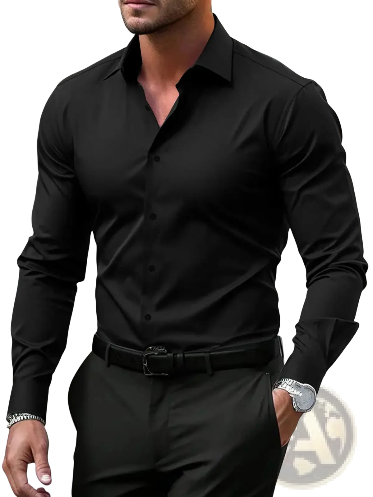 Men’s premium slim fit black long sleeve button down dress shirt with classic collar for formal occasions