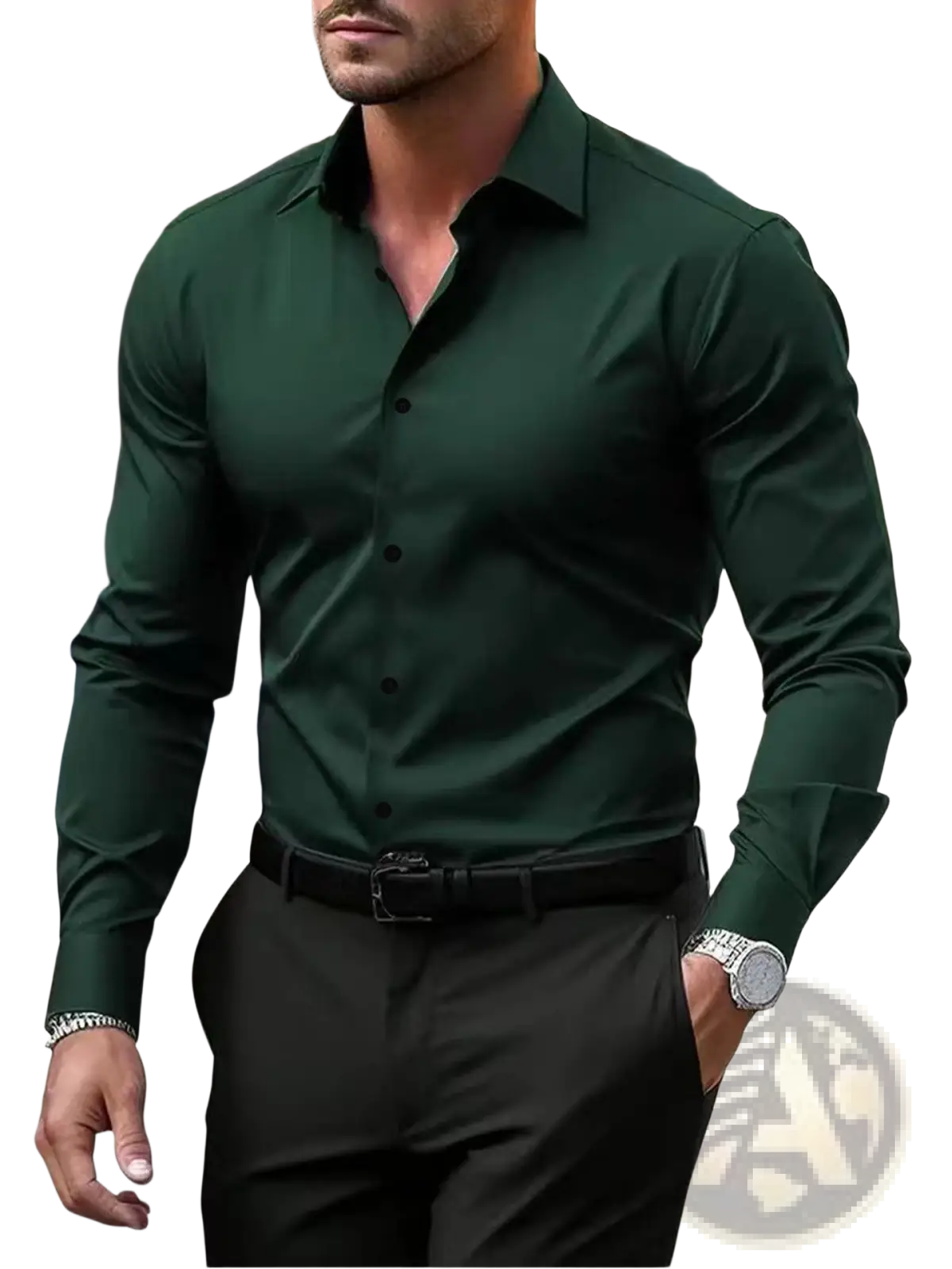Men’s premium slim fit long sleeve button down dress shirt in dark green with classic collar and button front