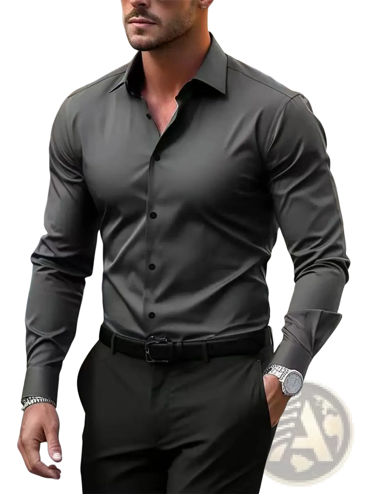 Men’s premium slim fit long sleeve button down dress shirt in sleek dark gray with classic collar and button front