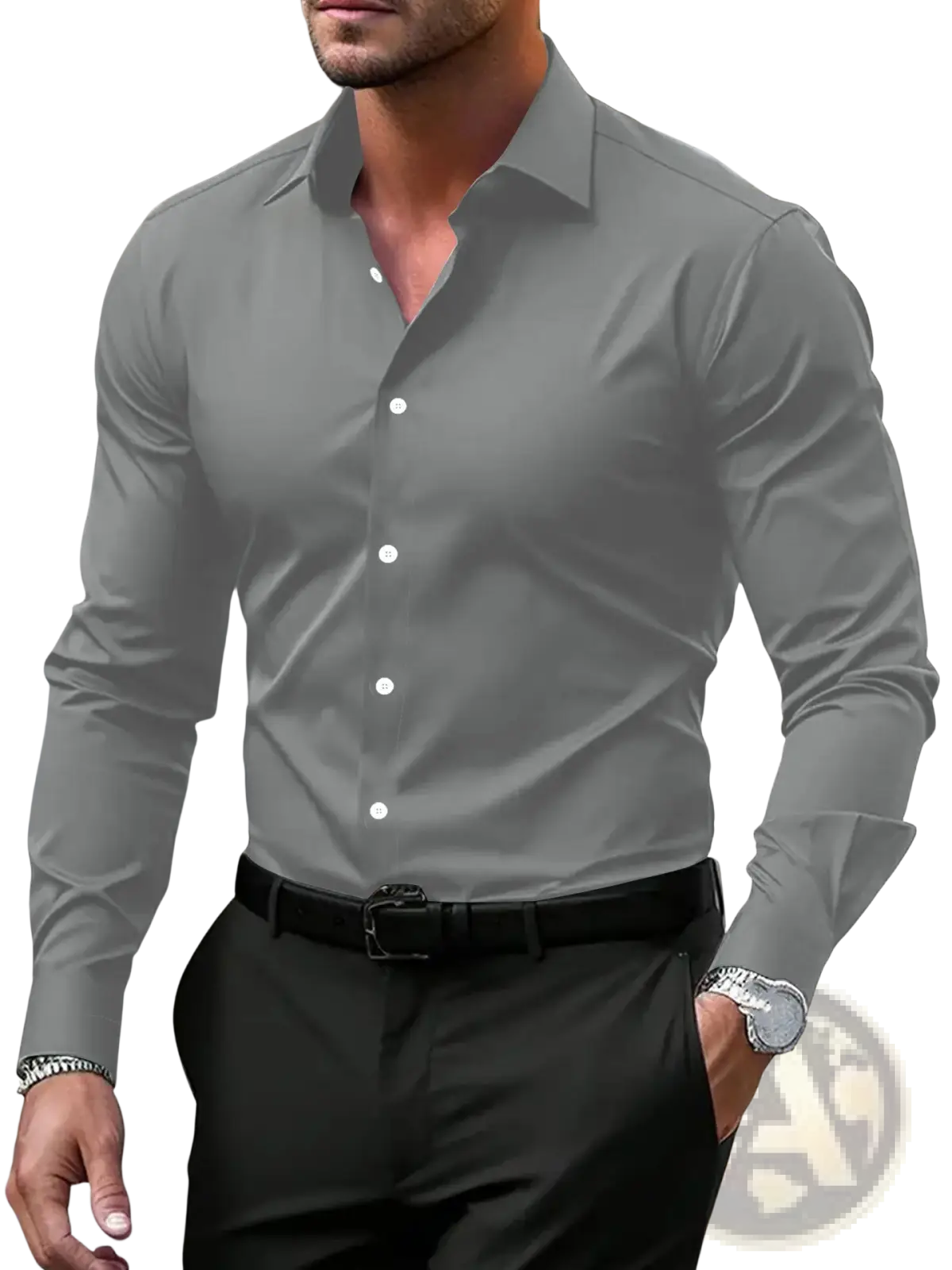 Men’s premium slim fit long sleeve button down dress shirt in sleek charcoal gray with crisp collar and white buttons