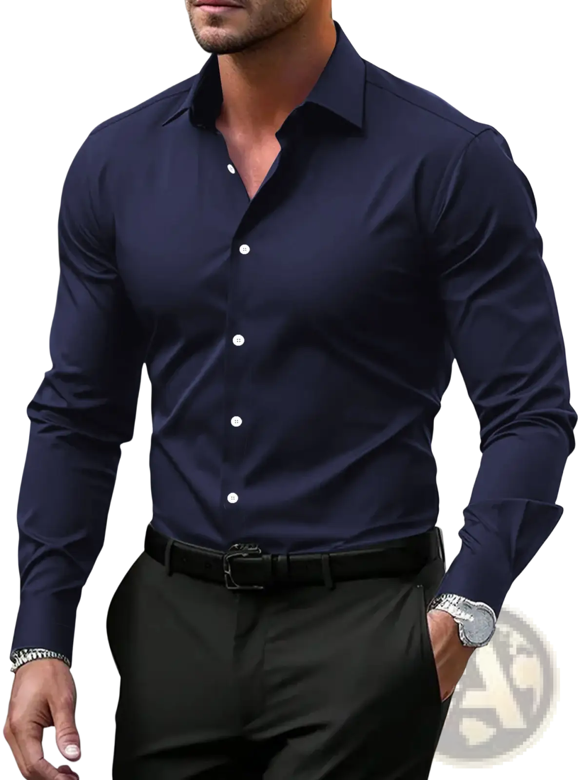 Men’s premium slim fit long sleeve button down dress shirt in sleek navy blue with white buttons and tailored fit